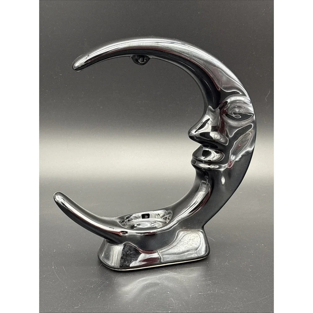 Vintage 90s Whimsigoth Metallic Black Ceramic Crescent Moon Sphere Stand/Candle